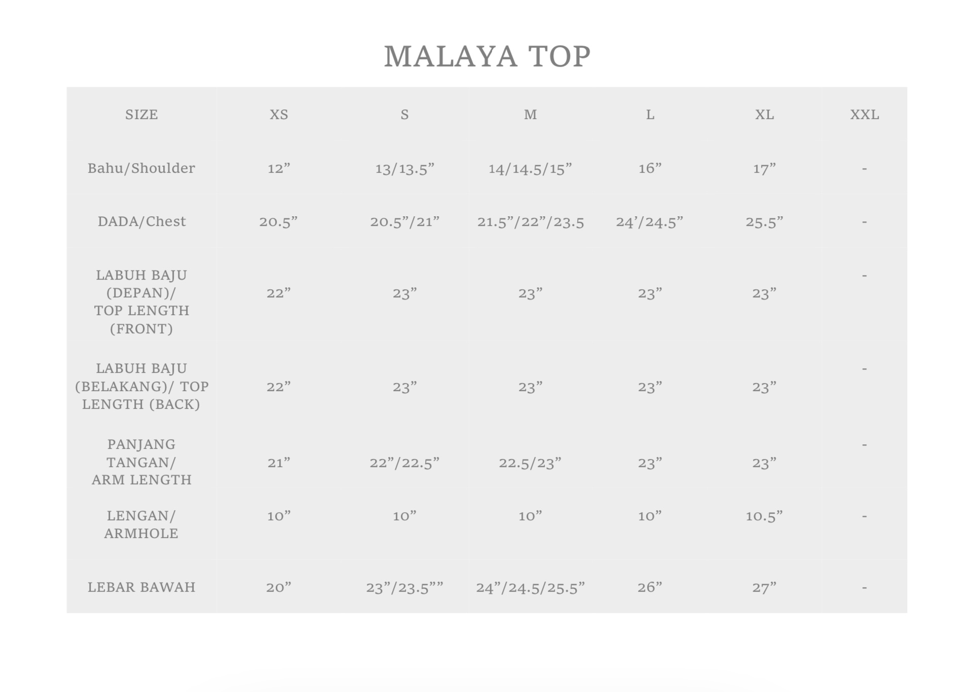Malaya Top Size Measurement