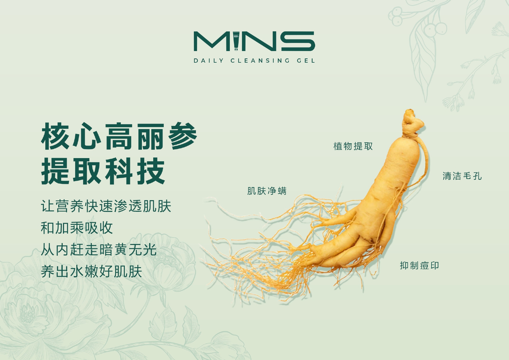 MINS无泡洁面凝胶 弱酸性不刺激 保留好油脂 不过度清洁 示意图