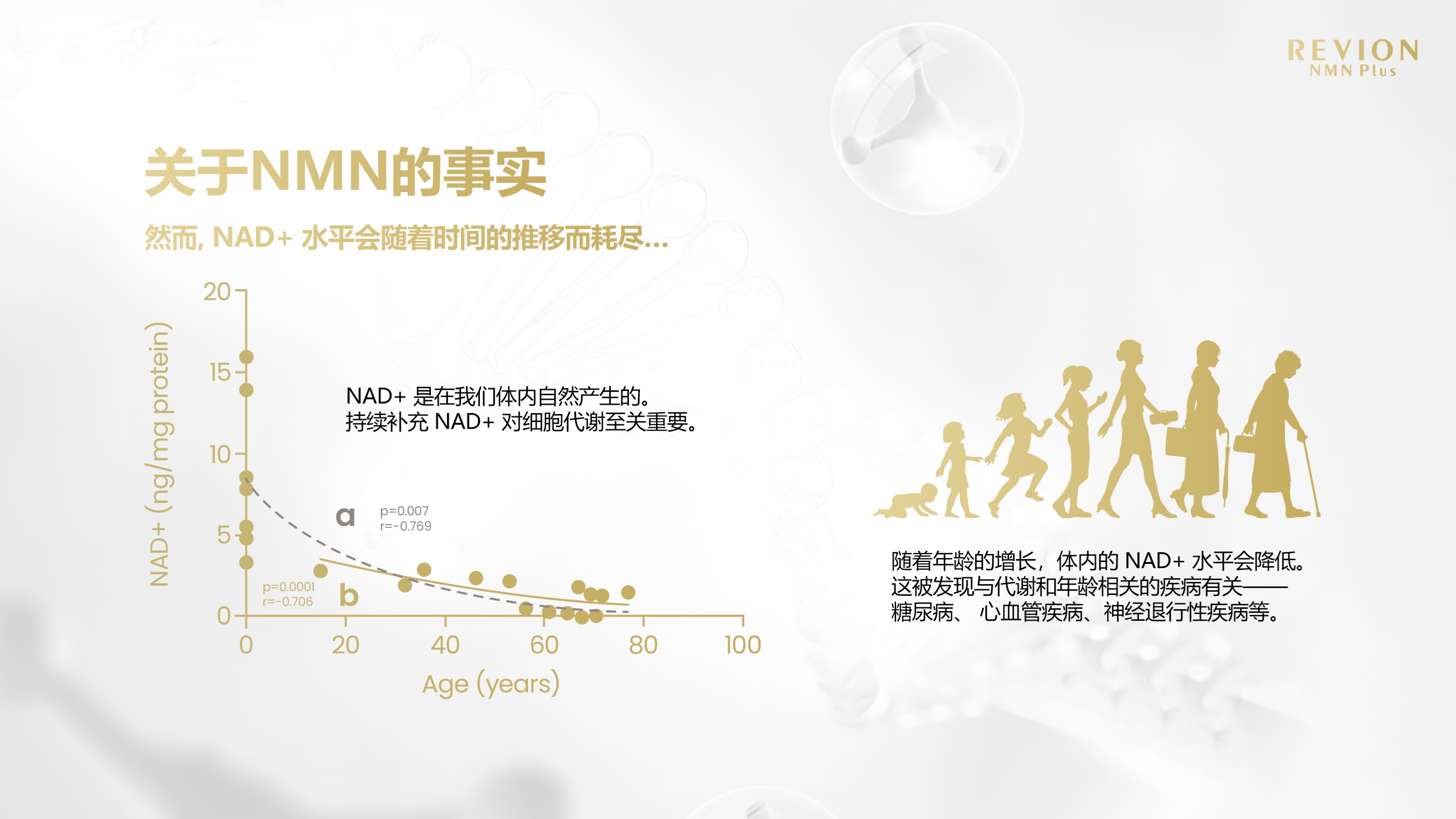 NAD+水平随年龄下降曲线图 20岁至80岁