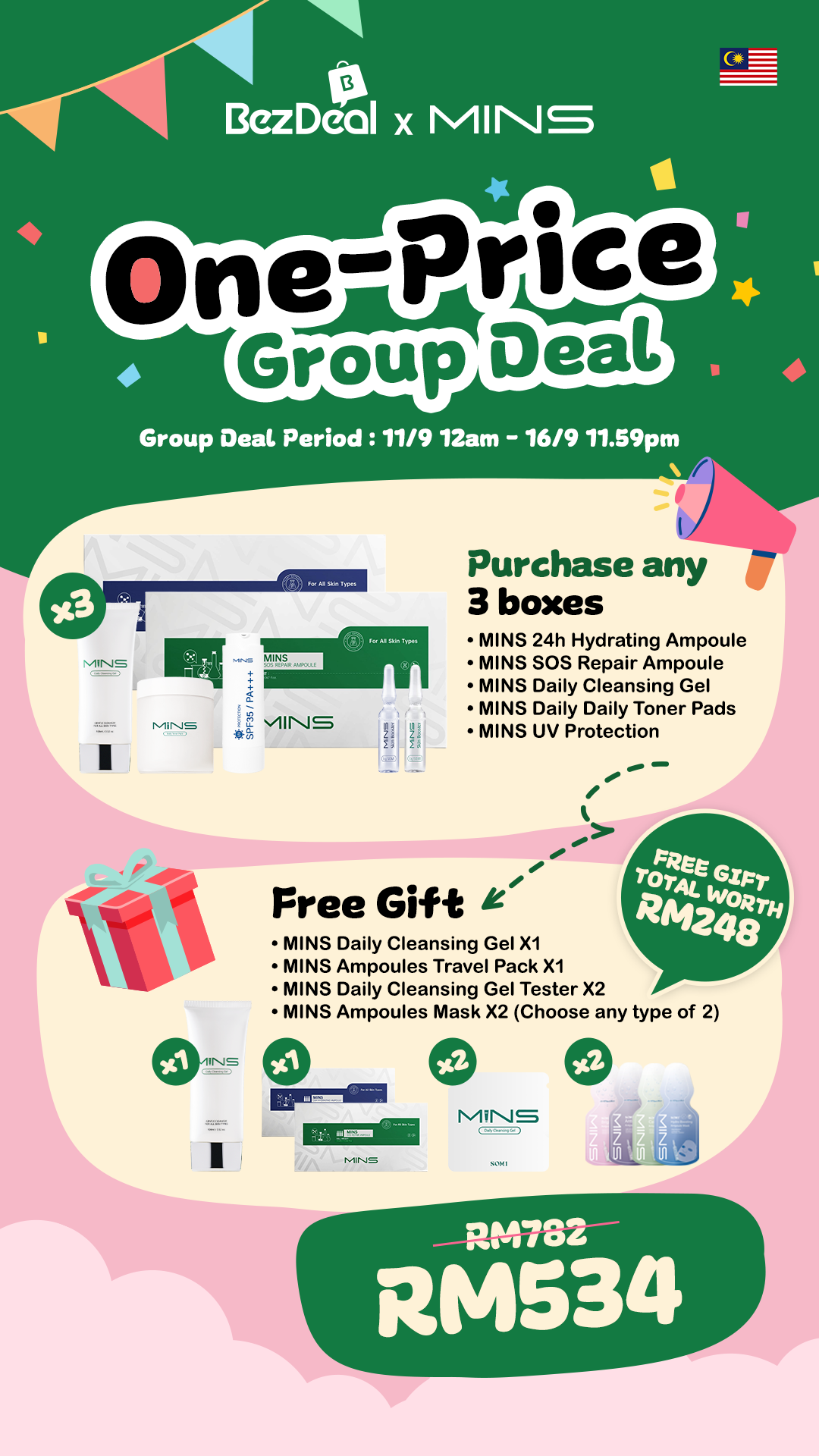BezDeal x MINS Malaysia group deal: Buy 3 products get RM248 free gifts. Shop now!