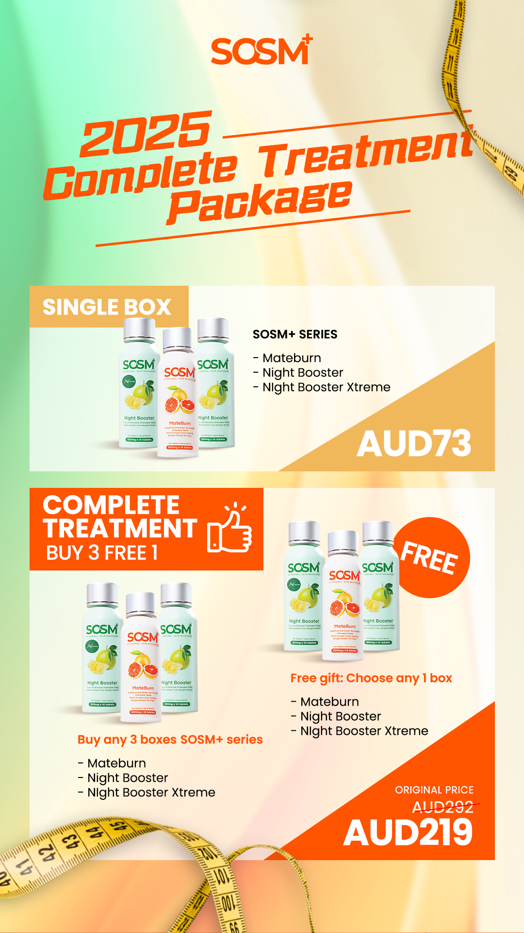 Australia - SOSM+ Mateburn - SOSM+ Night Booster - SOSM+ 2025 limited offer: Buy 3 get 1 free health supplement package