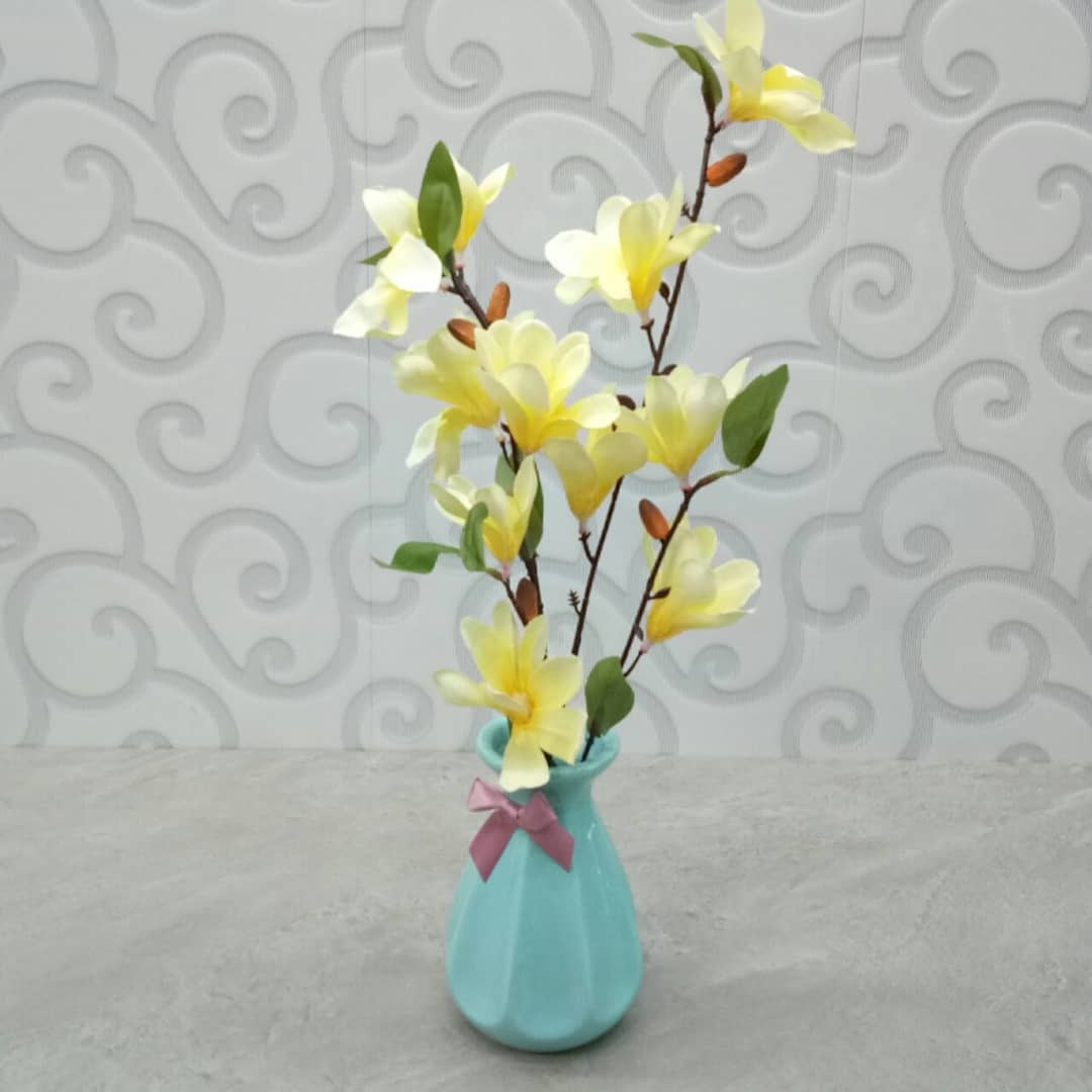Yellow Artificial Flower With Blue Ceramic Vase Home Decor DIY Living