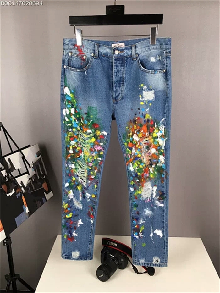 Rock punk style design Men Painting Print Jeans Fashion Fancy Slim Tapered  Stretch Cotton Denim Pants Streetwear Trousers jeans