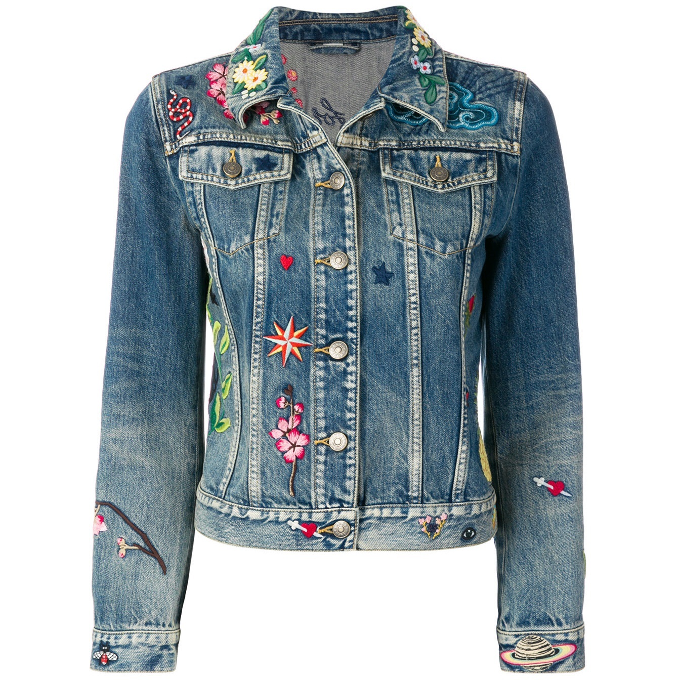 Denim jacket with unique patchwork design on Craiyon