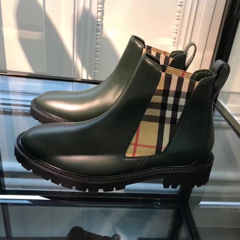 vintage check detail leather chelsea boots