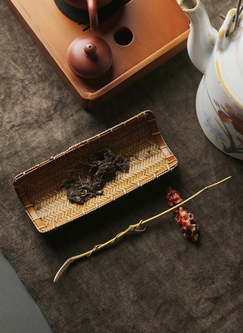 手作竹編簸箕布袋茶則5-5