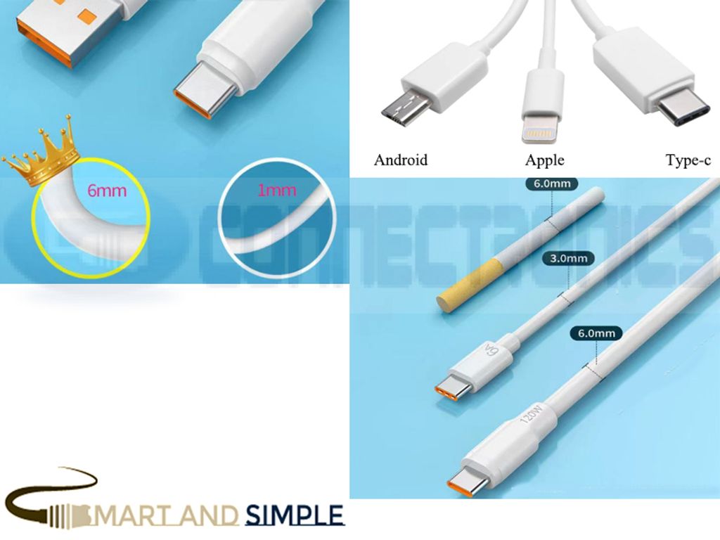 Fast Charging Cable 6mm Extra Thick Charger Cord Wire Type-C  Micro Usb android  Apple