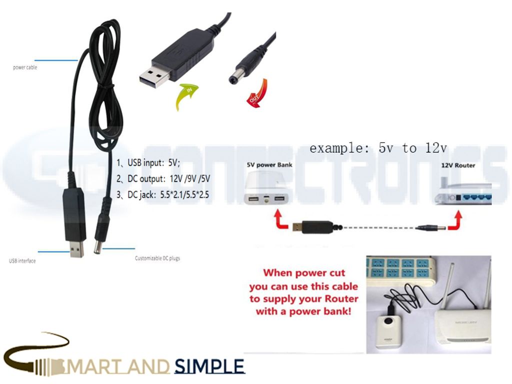 USB Power step up cable input 5v output 5v 9v 12v