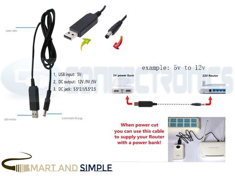 USB Power step up cable input 5v output 5v 9v 12v