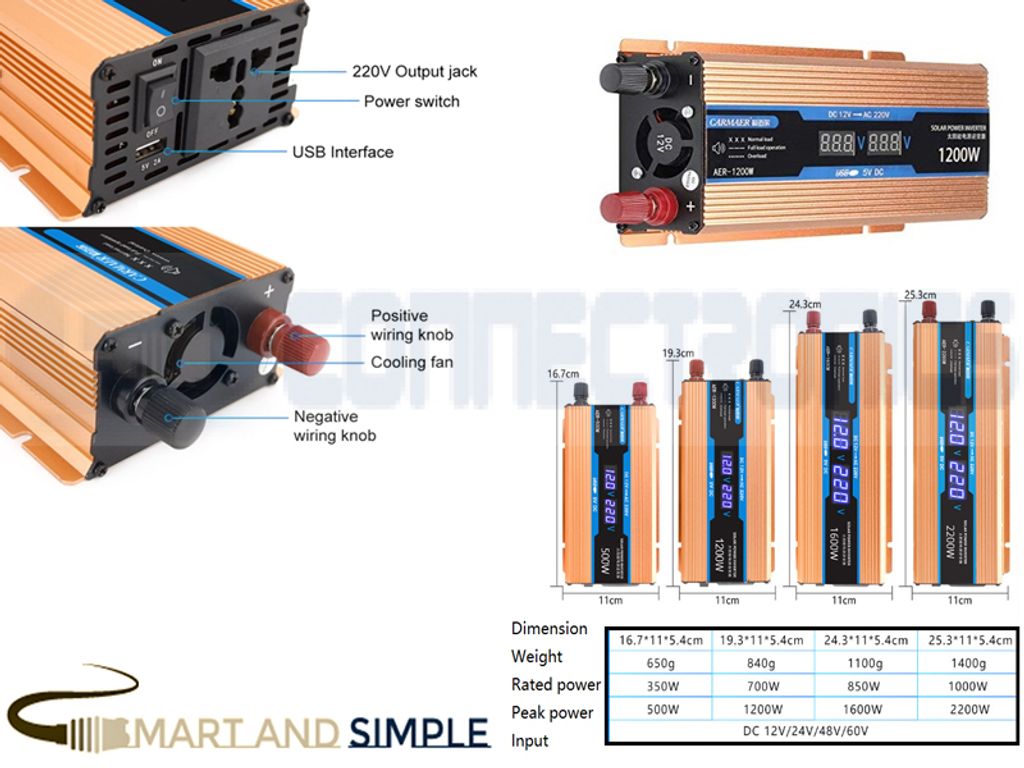 12V to 220V 1200W Car Multi-function Double Digital Display Inverter Household Power Converter