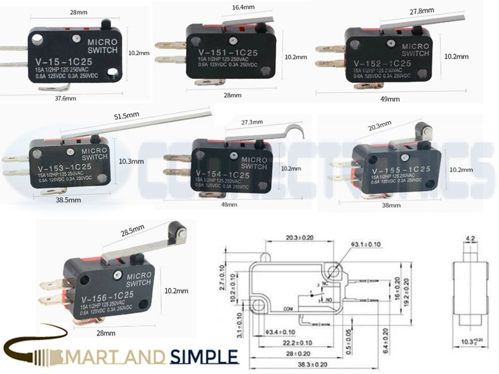 Microswitch roller long lever short lever pin pluanger spdt limit switch