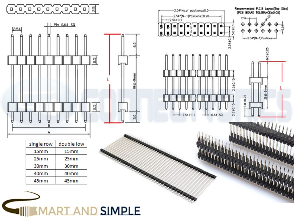 Long male straight horizontal pin header 40P pitch 2