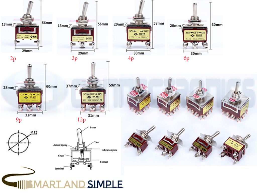 Heavy duty safety toggle switch 15A 250V panel mount 12mm