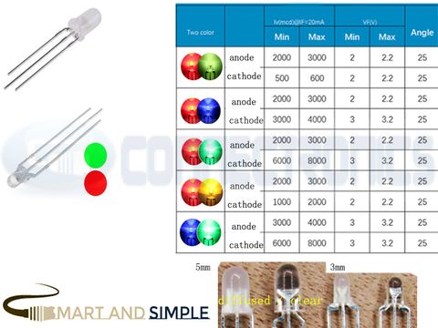 3pins Duo LEDs 3mm 5mm BI-color common anode cathode clear diffused