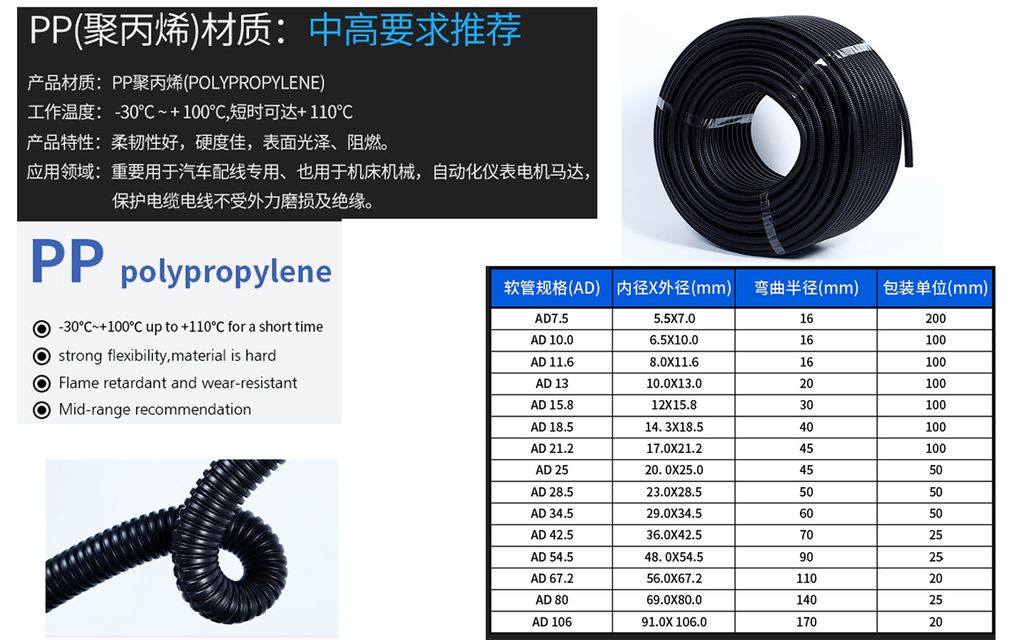 Heat Resistant PP Corrugated Pipe Wire Hose Insulated Tube