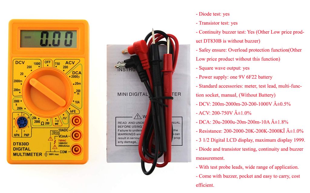DT830D Digital Multimeter with Buzzer Square Wave Output Voltage