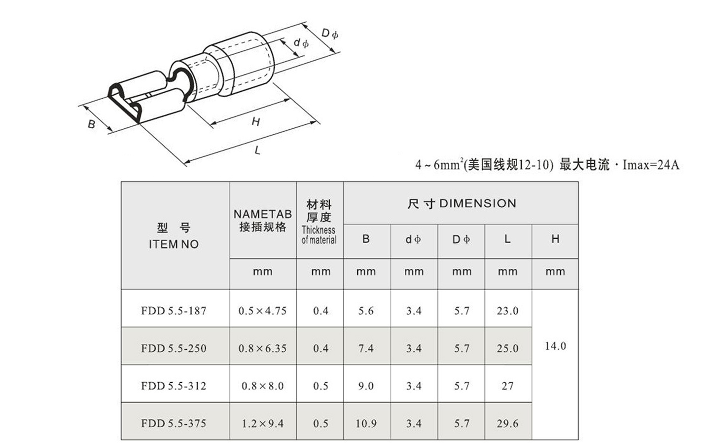 Female insulated electrical cold-pressed crimp terminal FDD5.5-250 AWG 12-10 4.0-6.0mm2 2