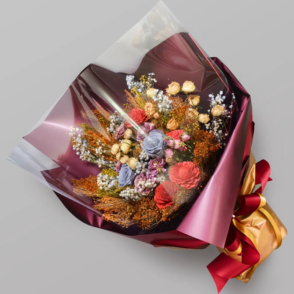 太陽玫瑰乾燥玫瑰松玫瑰滿天星木滿天星橘黃系乾燥花束db0060 風格司花藝