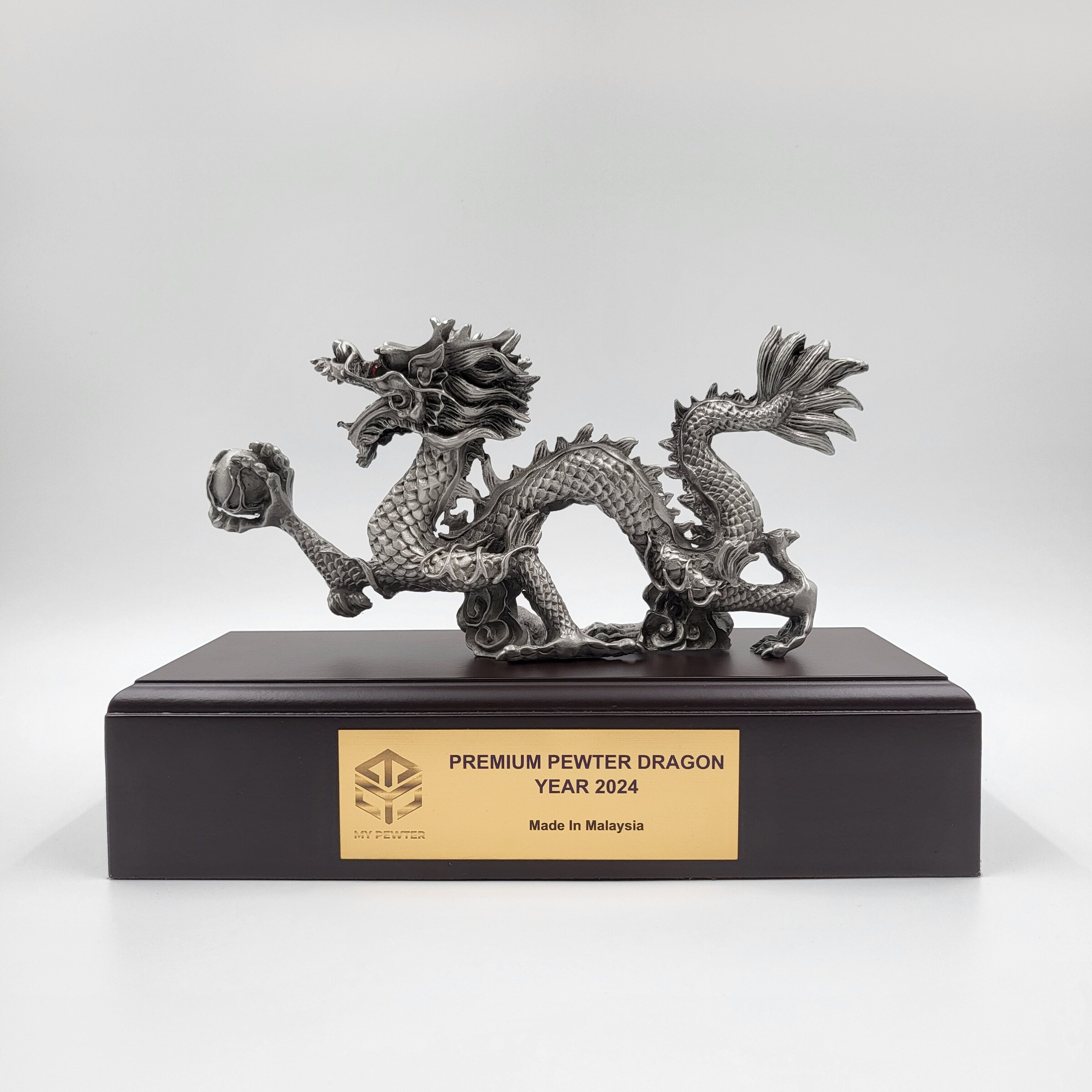 Premium Pewter Dragon Figurine Year 2024 with Wood Base