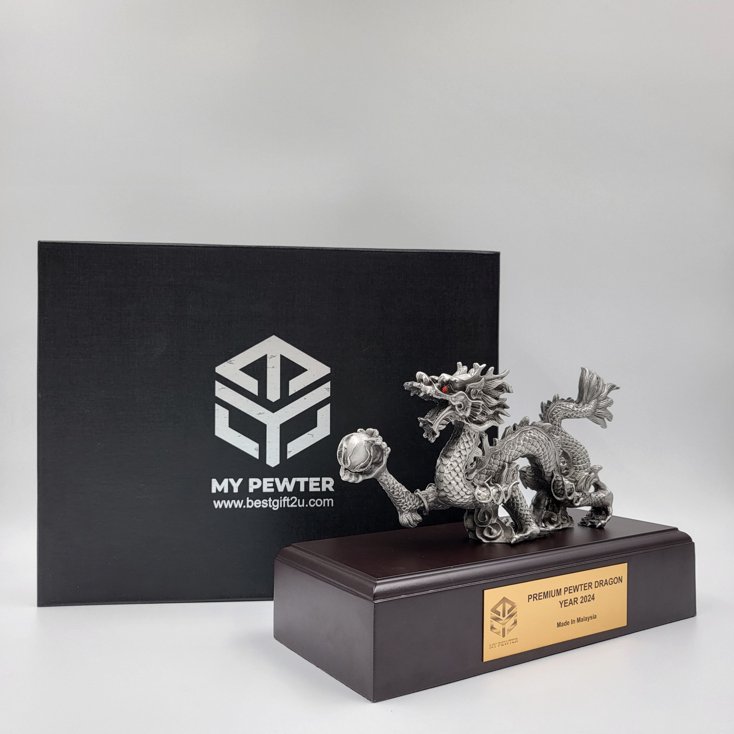 Premium Pewter Dragon Figurine Year 2024 with Wood Base 9