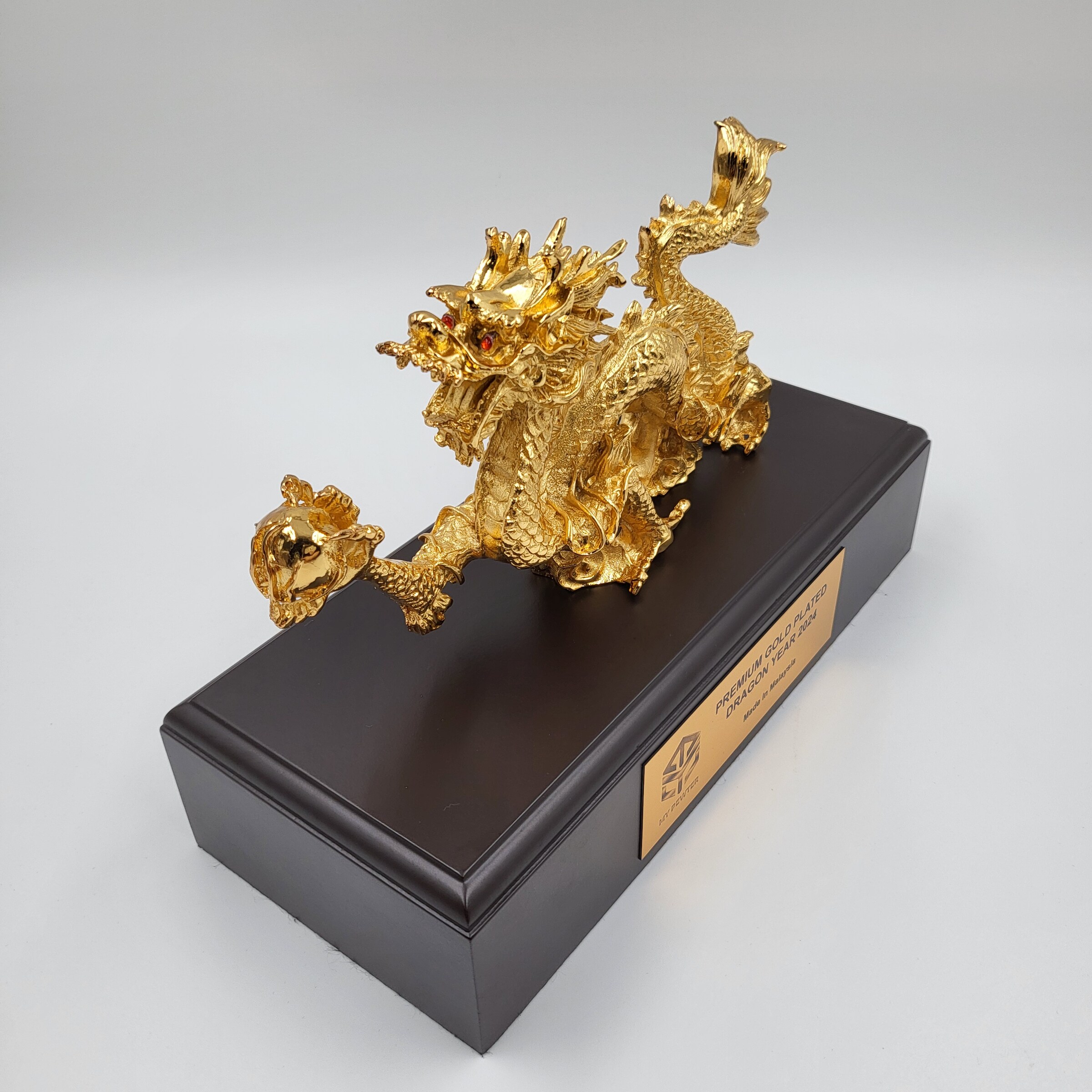 Premium Gold Plated Pewter Dragon Figurine with Wood Base 1