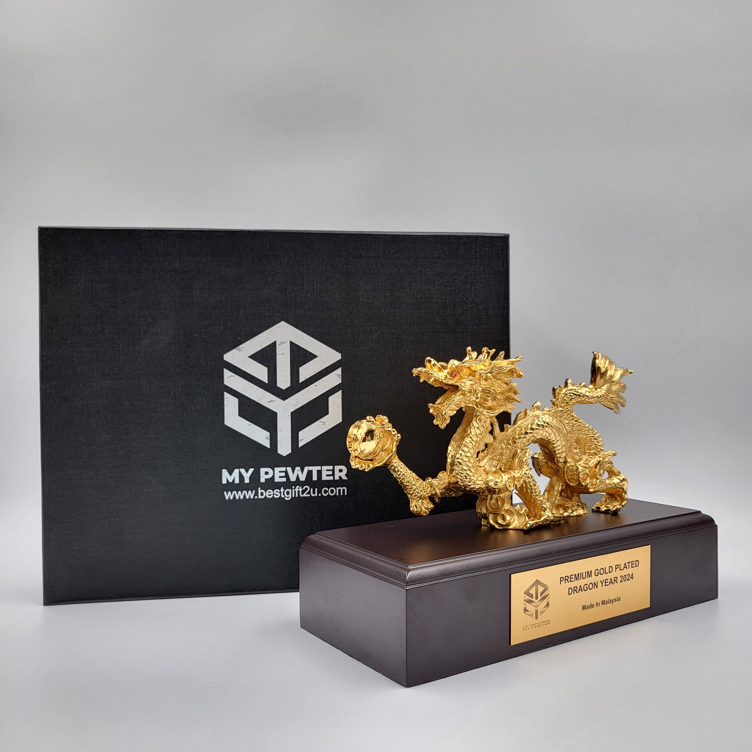 Premium Gold Plated Pewter Dragon Figurine with Wood Base 9