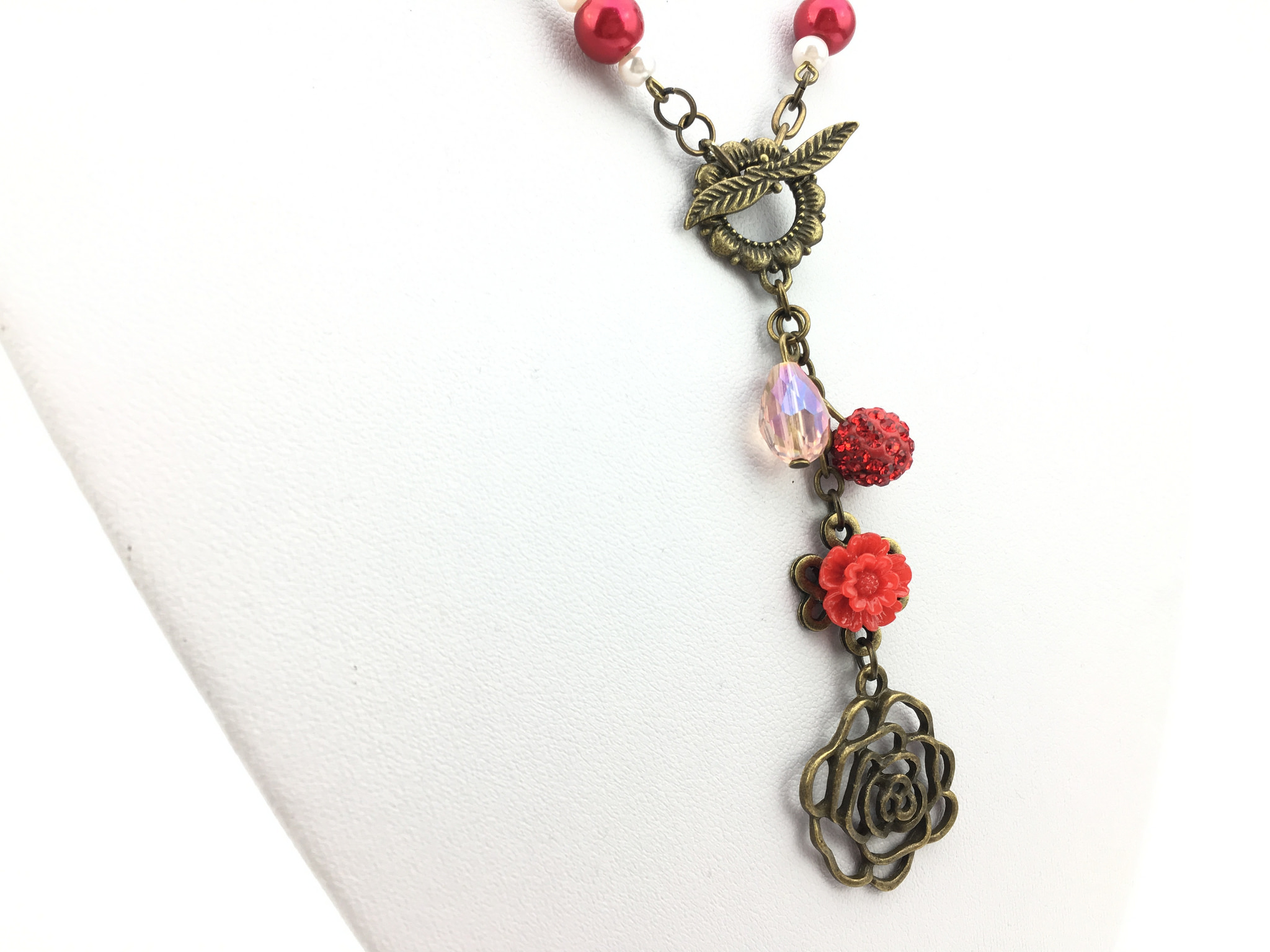 Red Flower Cabochon and Vintage Rose Pendant