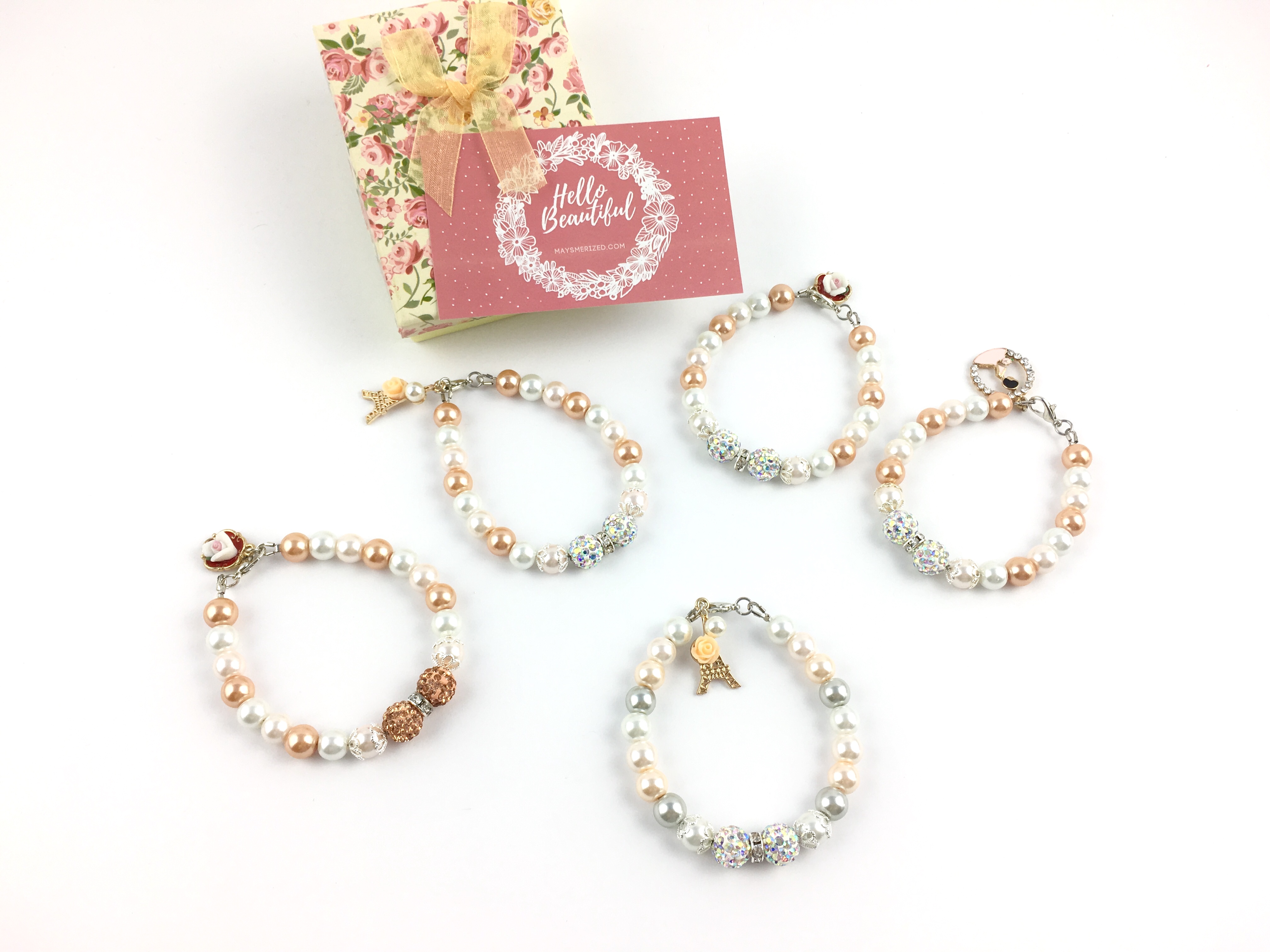 Wedding theme charm bracelet white and gold pearls