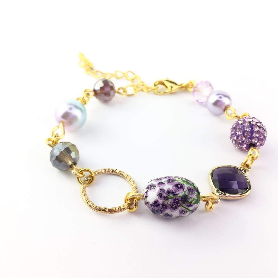 Ayra in Purple Floral Tensha Beaded Bracelet Gold Plated