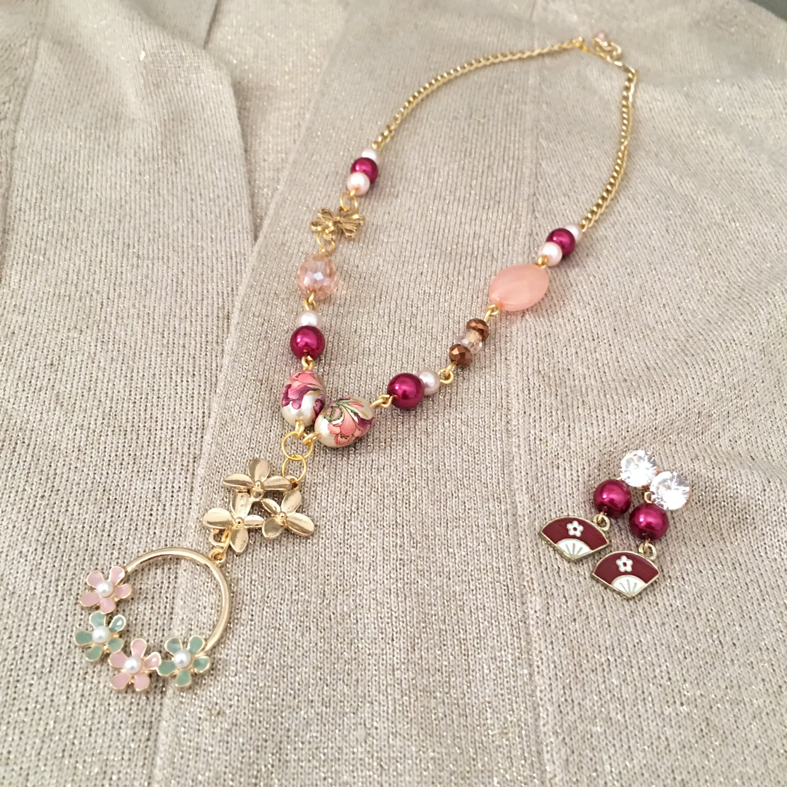 Classic Gold Plated Floral Charm Necklace and Japanese themed Earrings