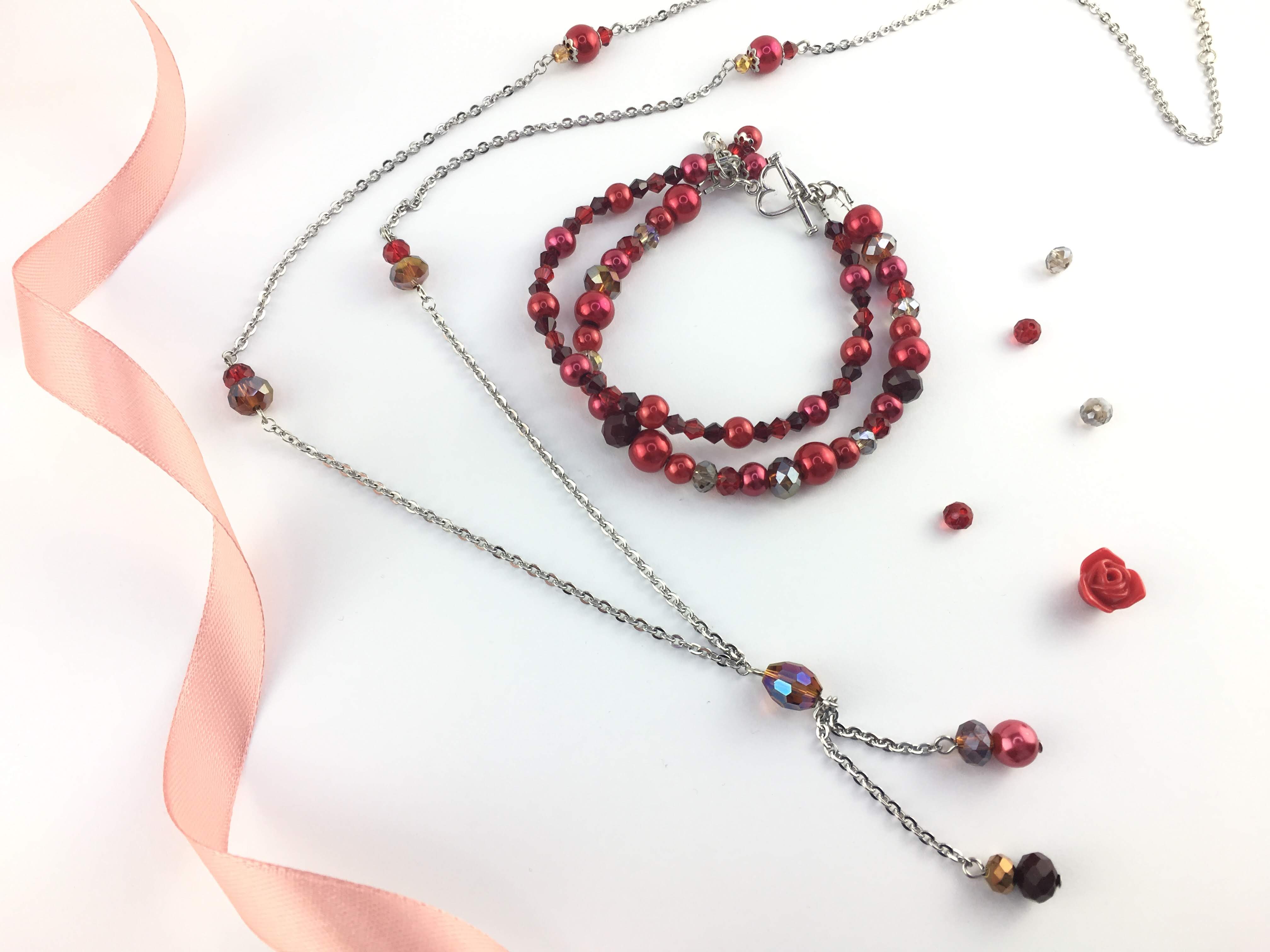 Deep Red Crystal and Pearls Dual Layer Bracelet and Chic Minimalist Necklace