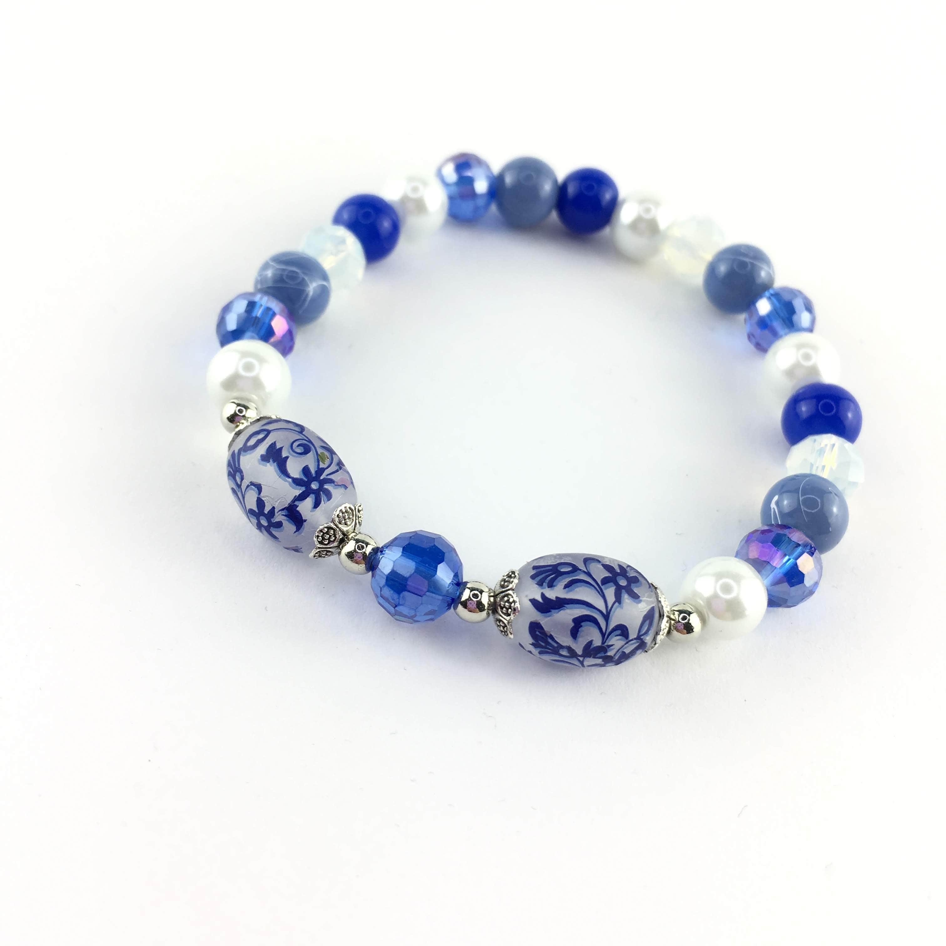 Blue Oriental theme Tensha Bead Elastic Bracelet