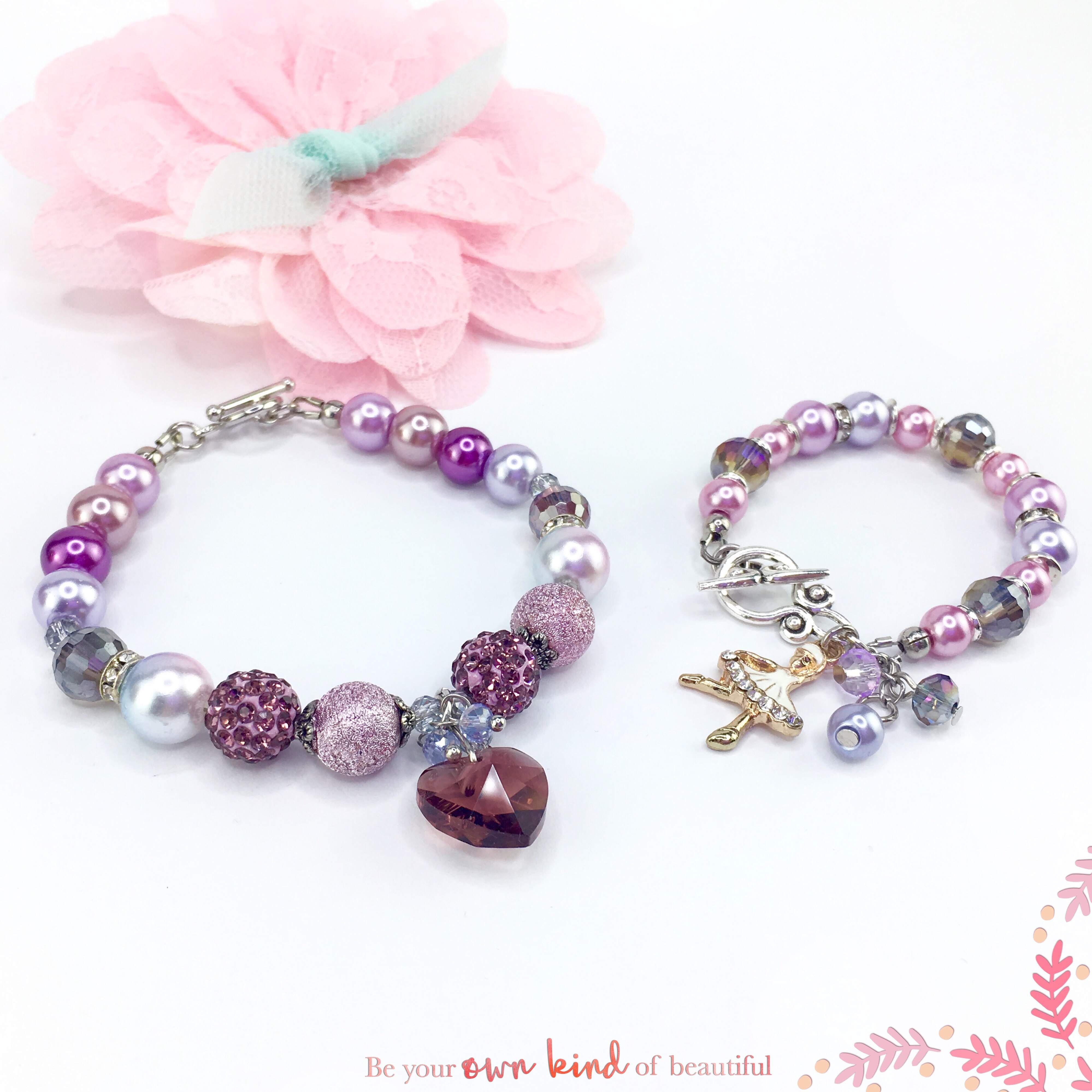 Mother Daughter Bracelet Set in Glam Purple and Heart and Ballerina Charm