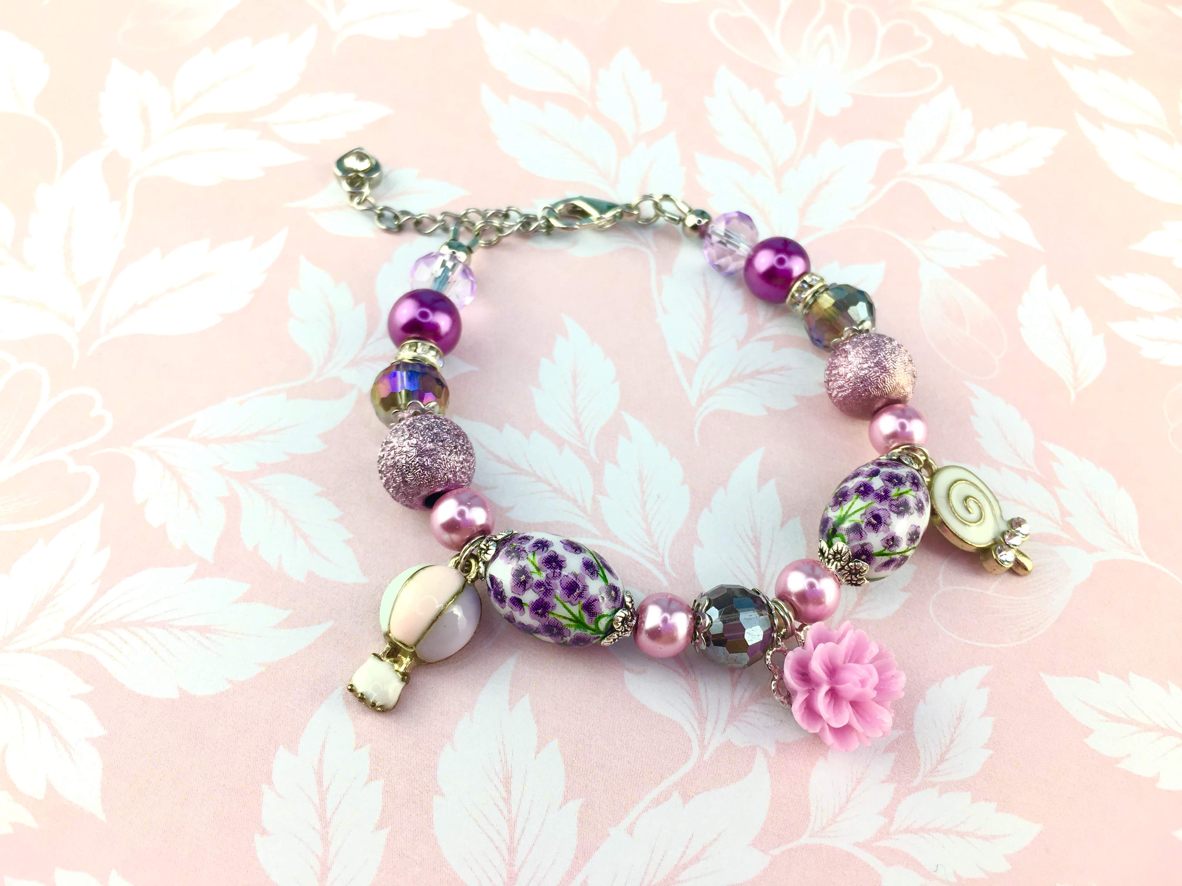 Purple Floral Tensha Beads with Flower and Balloon Charm Bracelet