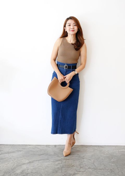 Plus Size Eula High Waist Denim Pencil Skirt Lace Up Double Split And Exposed Back Zipper