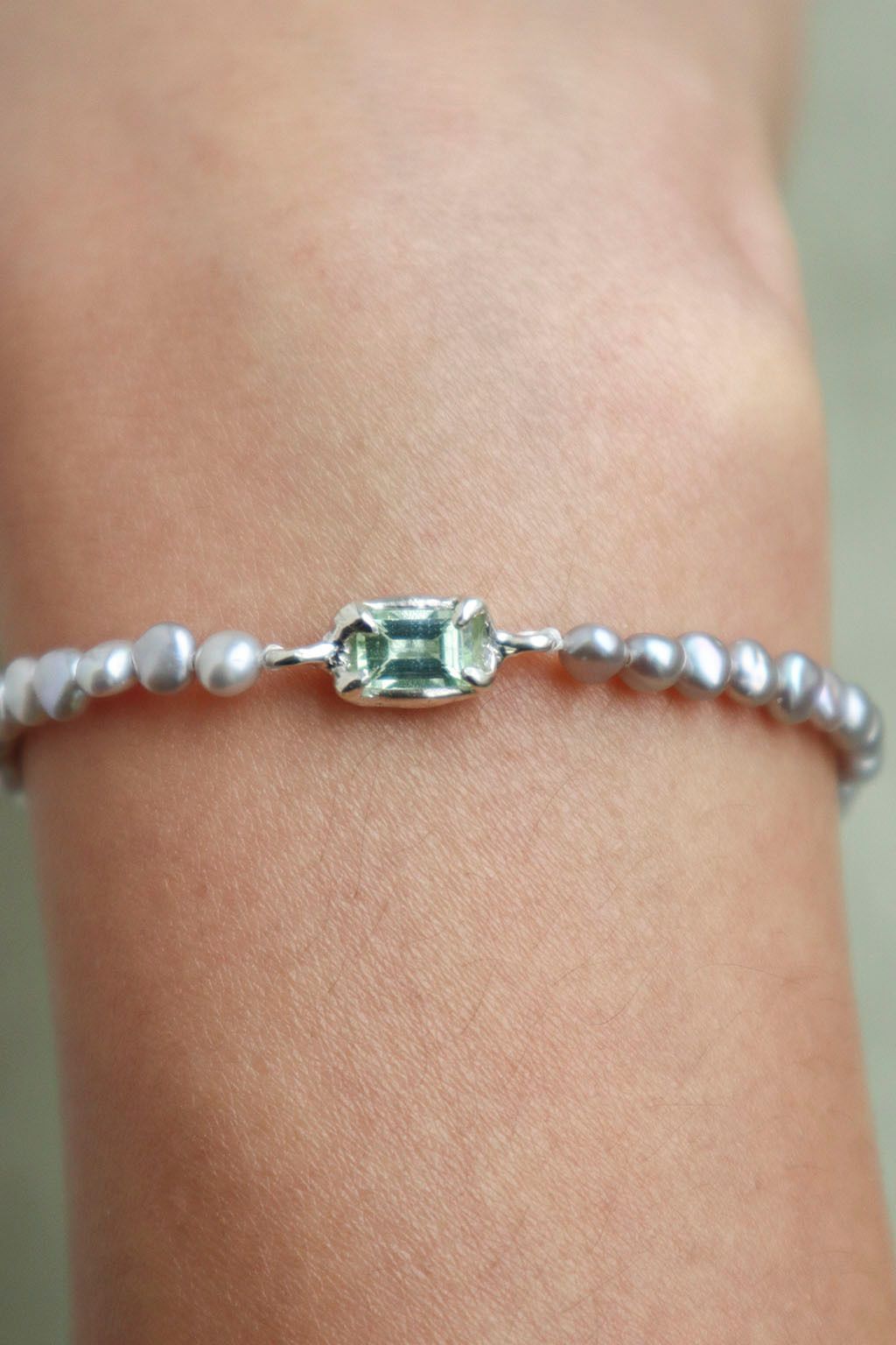 Baguette Light Green Tourmaline Pearl Bracelet 2