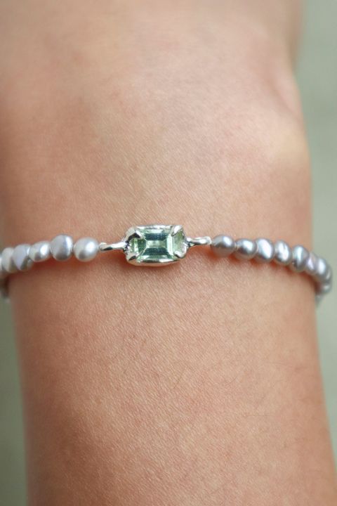 Baguette Light Green Tourmaline Pearl Bracelet 2