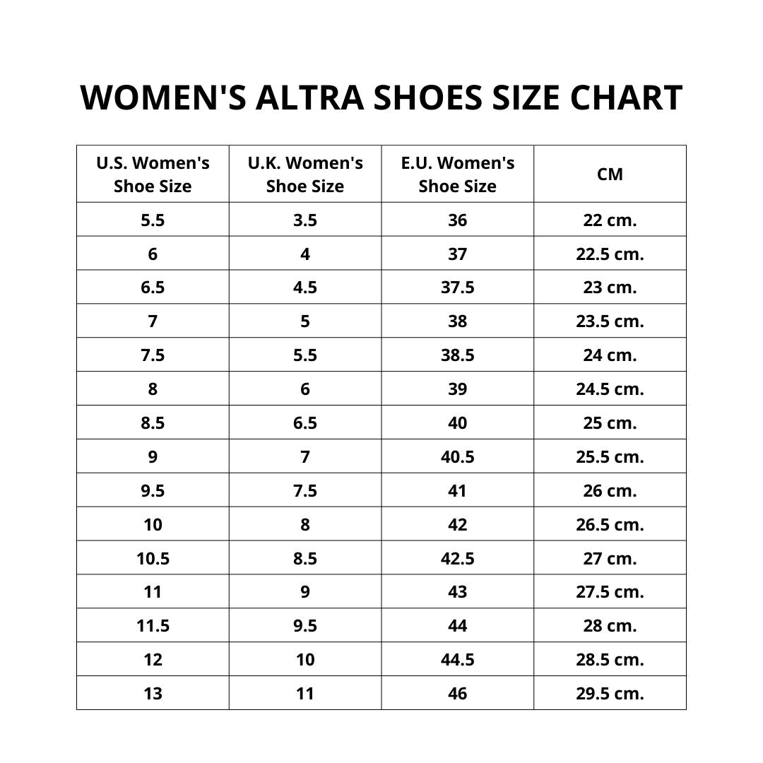 Women's Altra Shoes Size Chart