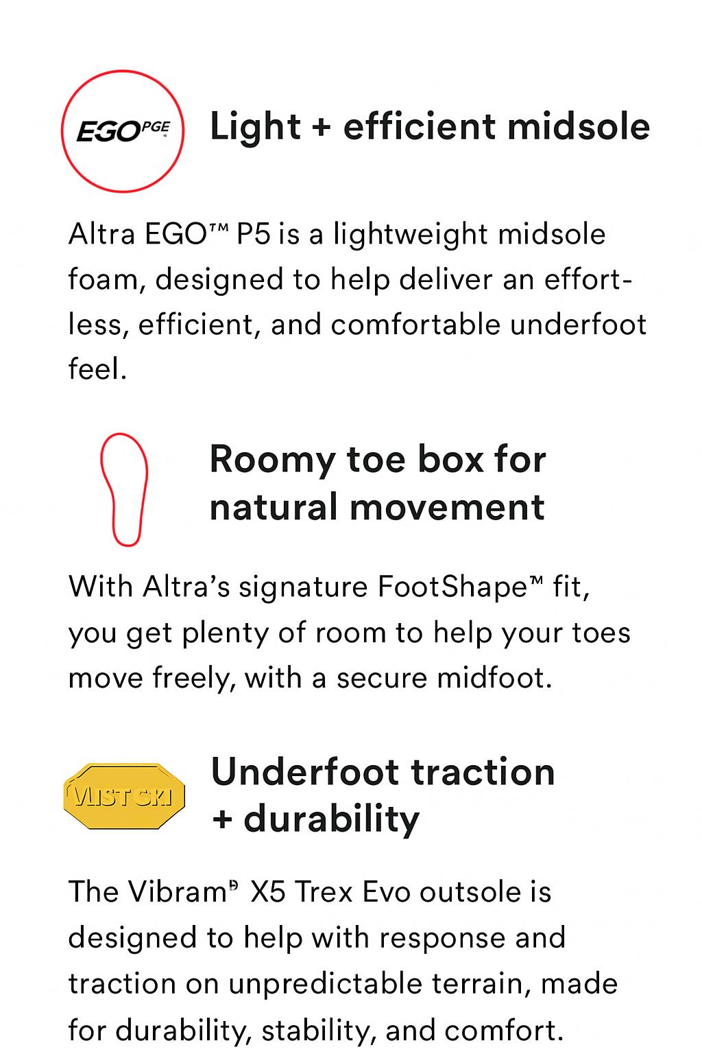 Create vertical stacked layout with complete text for all three features, especially ensure Vibram description has all words visible and complete, white background, nothing truncated