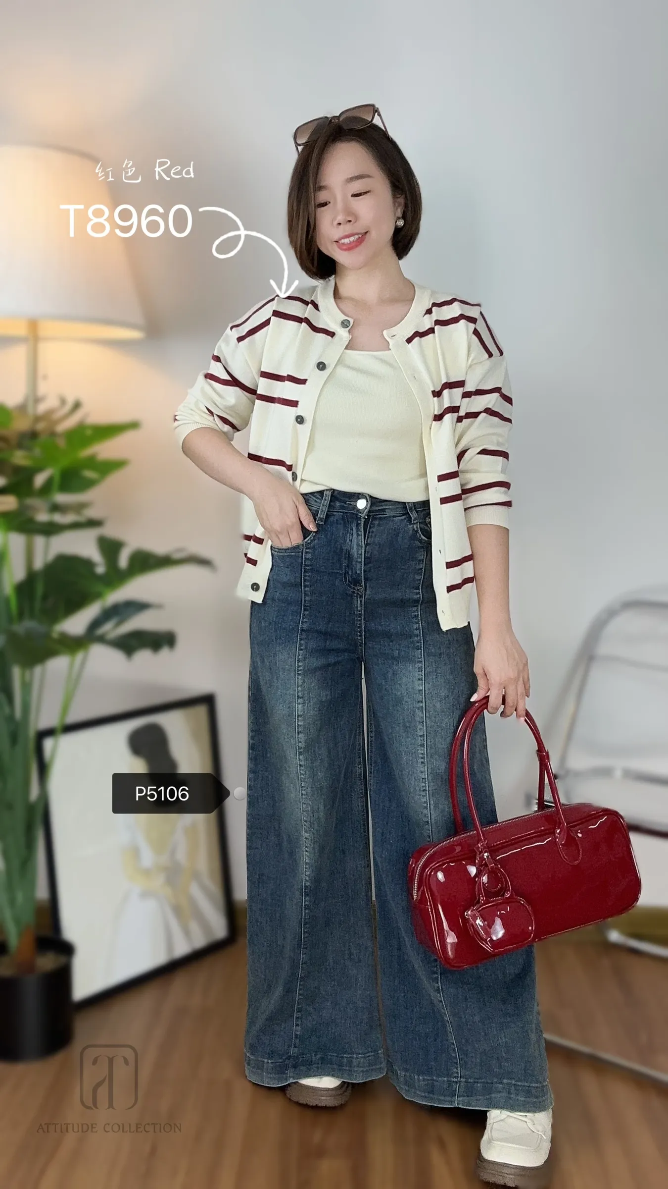 T8960 Stripe Knitted Front Button Blouse