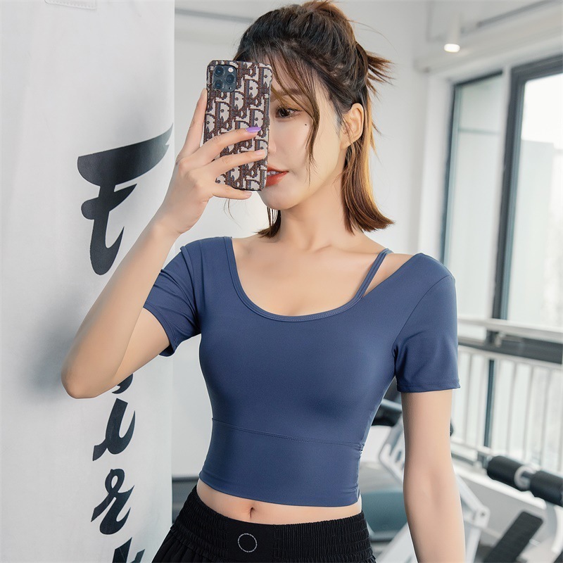 Yoga clothes with chest pad summer short sleeve women's fitness clothes  professional back running net red hot sports T-shirt Pink M