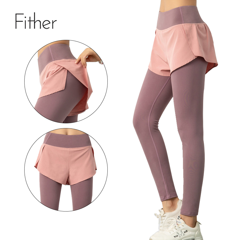 fitness Pants Women Wear Running Training Fake Two Piece Elastic Tight Mesh  Sports Pants Slim Yoga Pants Pink S