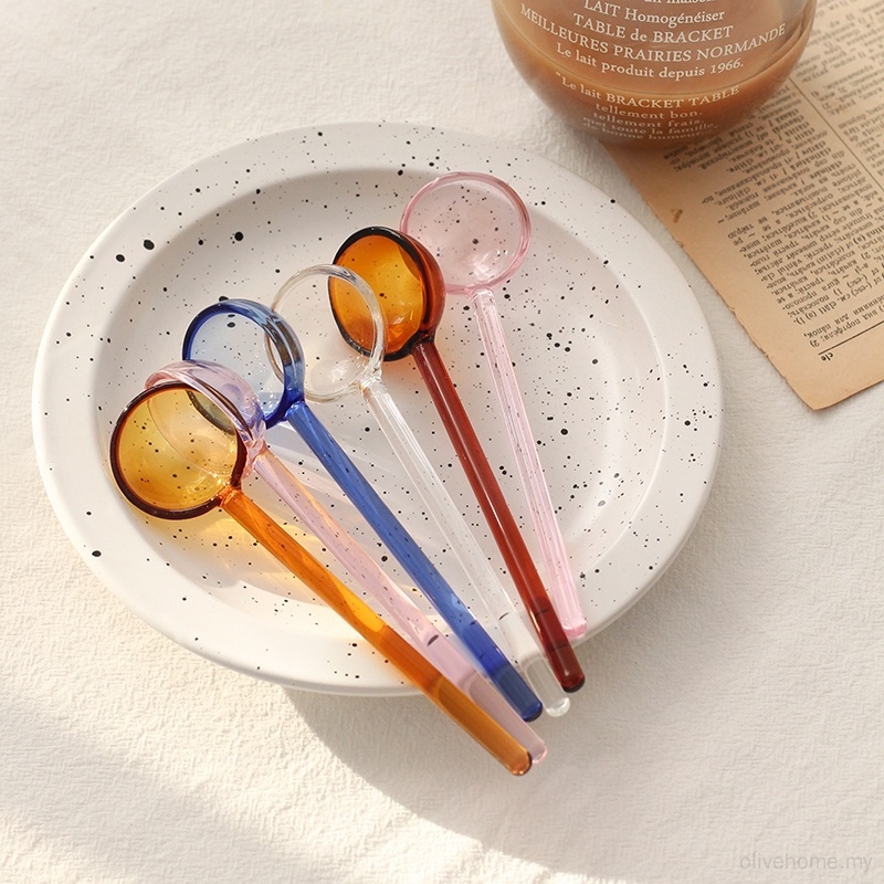 Creative milk dessert spoon color transparent high temperature resistant glass  spoon lovely long handle coffee stirring Clear PGMall