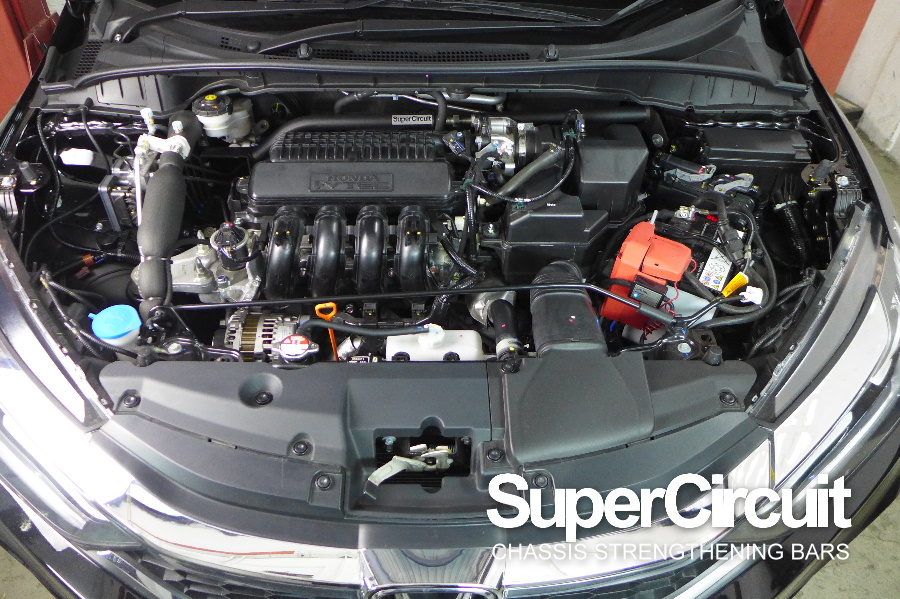 Honda City GM6 front strut bar, Honda City GM6 front bar, Honda City GM6 engine bar, 6th generation Honda City (GM6) Front Chassis Strengthening Bar by SUPERCIRCUIT