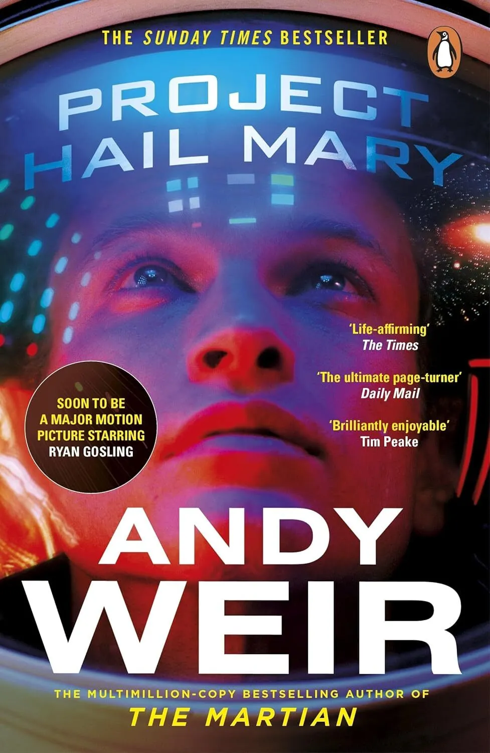 Front cover of Project Hail Mary by Andy Weir showing a sleek spacecraft against a vibrant yellow and black celestial background.