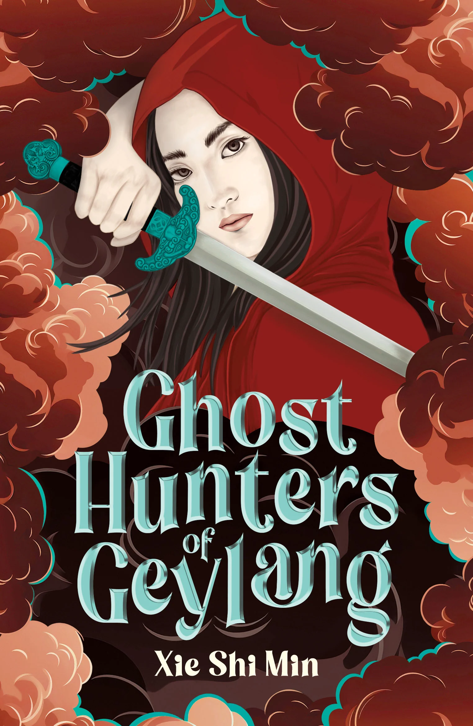Book cover of 'Ghost Hunters of Geylang' by Xie Shi Min. Features a spooky, neon-lit urban aesthetic with traditional talismans, reflecting the Singaporean supernatural and YA themes.