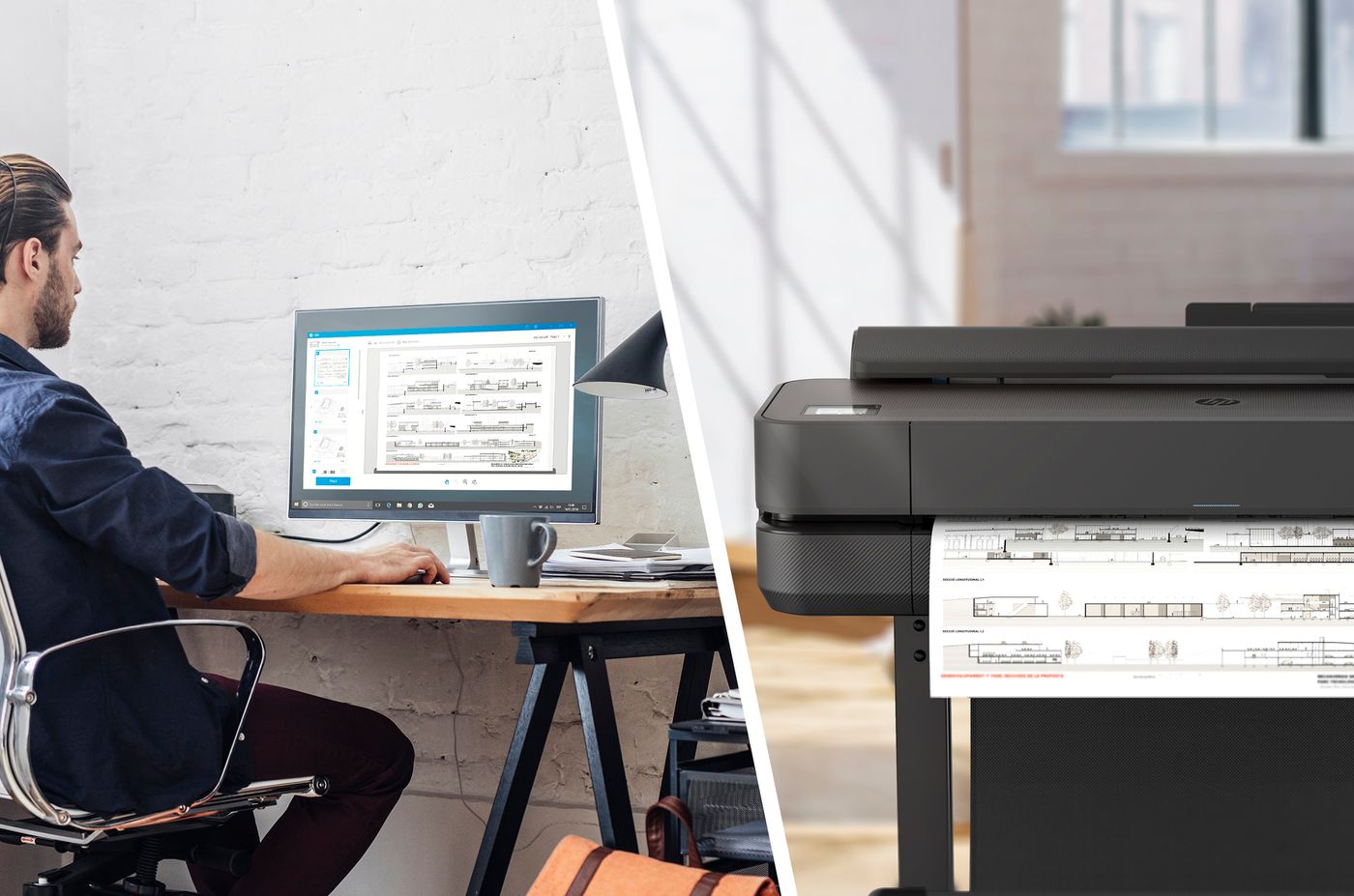 Architect at his desk sending drawings to an HP DesignJet T650 plotter