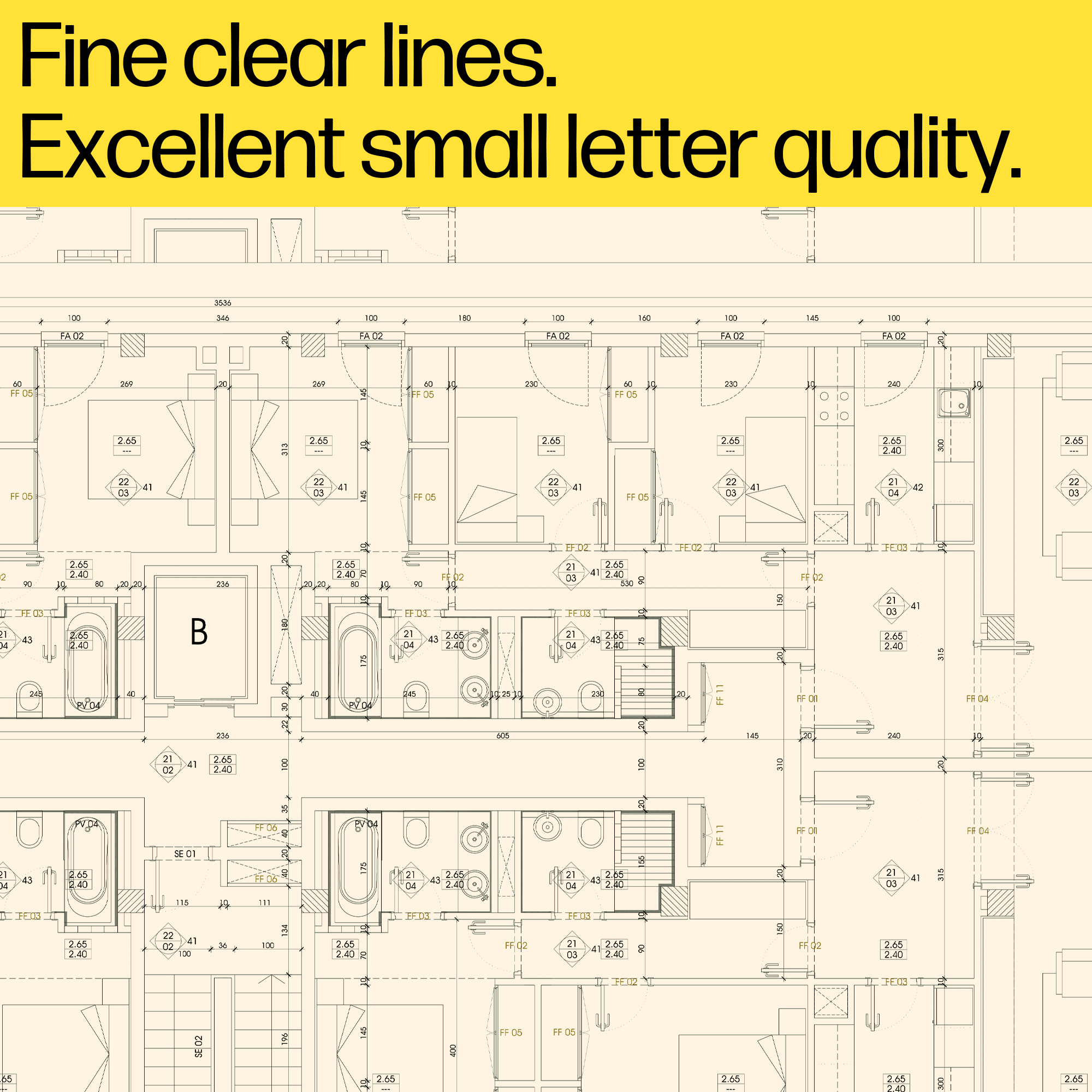 HP Flex Tech Inks delivering fine clear lines and excellent small letter quality on a detailed architectural blueprint.