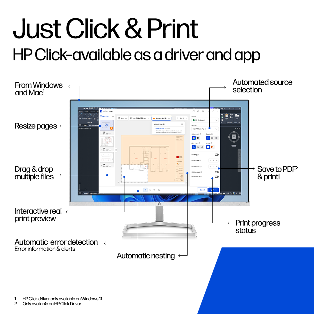 Screenshot showing HP Click Driver with interactive real print preview, automatic nesting, and error detection features.