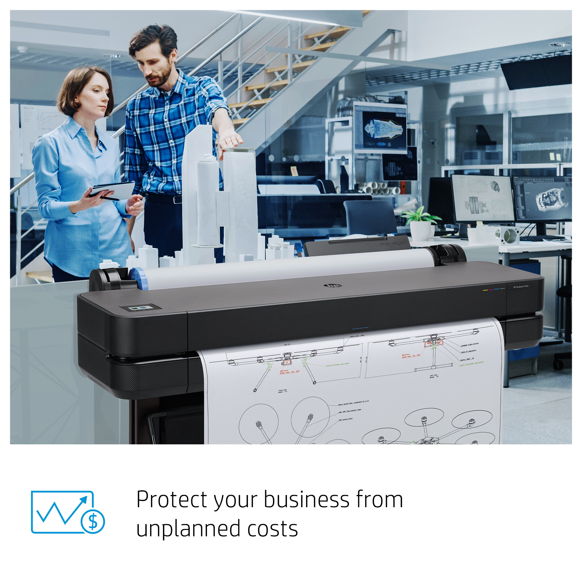 HP DesignJet printer running a print job, illustrating workflow continuity.